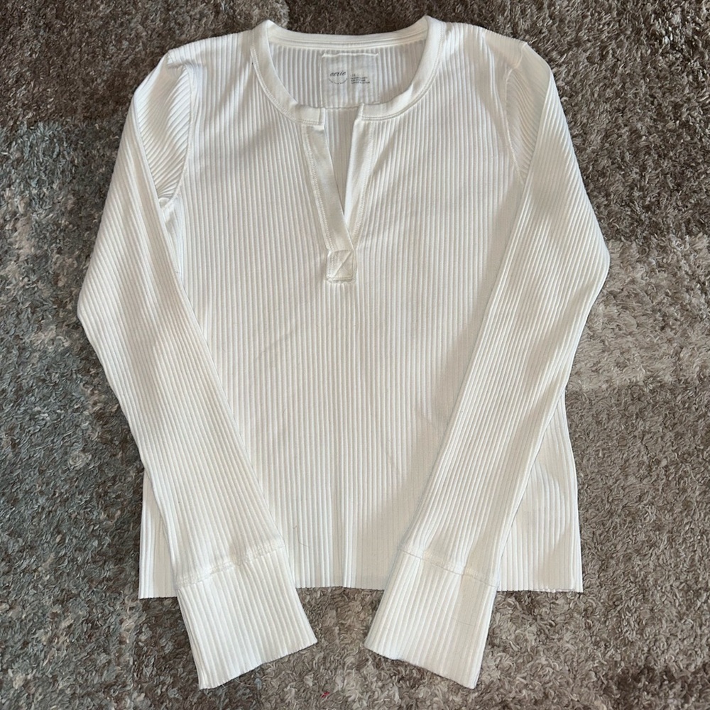 Aerie White Ribbed Long Sleeve Top